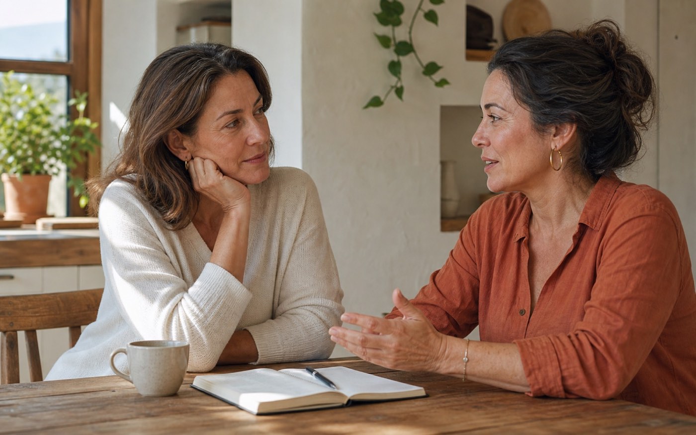 Dos mujeres conversan con naturalidad en una cocina luminosa