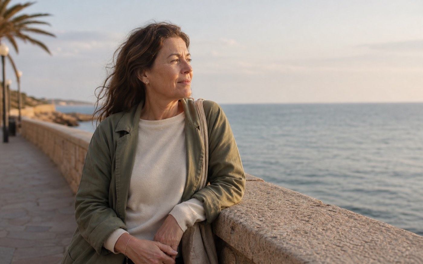 Mujer de mediana edad durante un paseo junto al mar