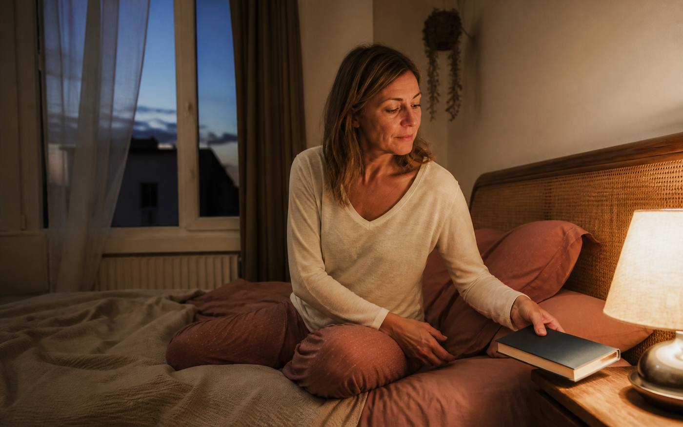 Mujer relajándose con un libro antes de dormir