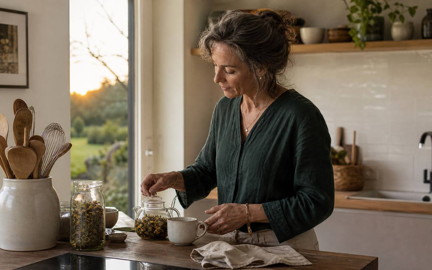 Mujer preparando una infusión en una cocina luminosa