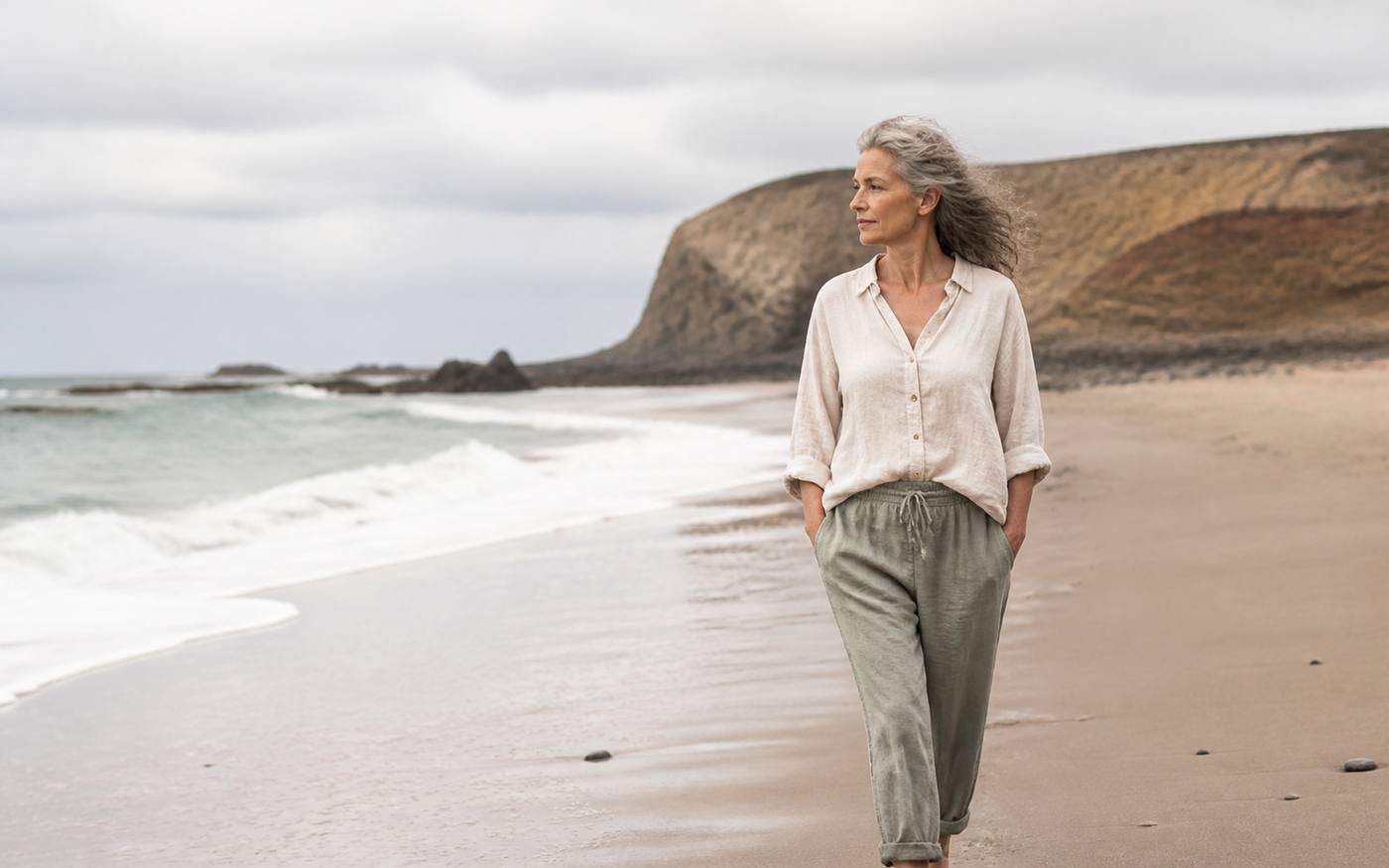Mujer caminando junto al mar en un momento de bienestar