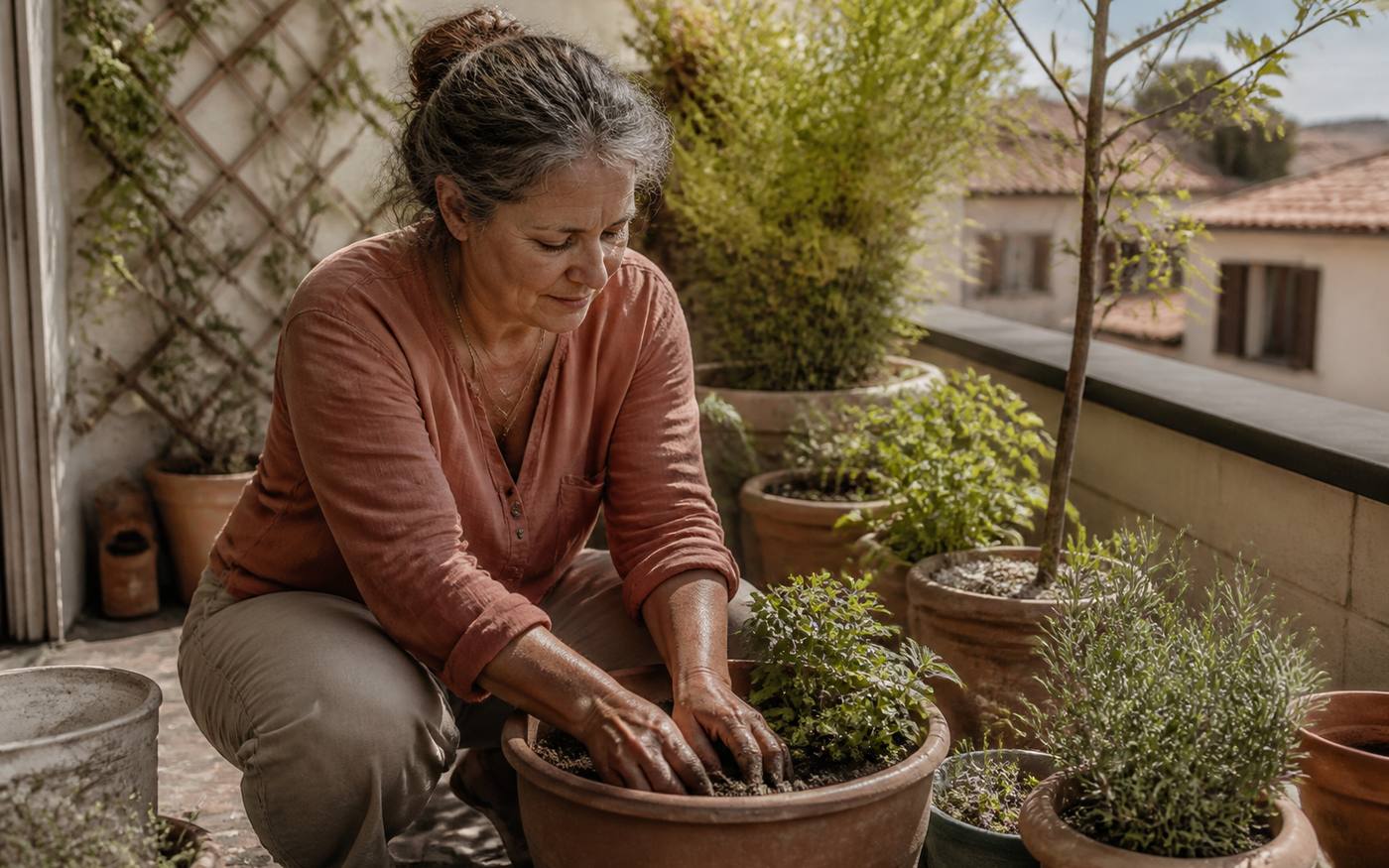 Mujer cuidando las plantas de su terraza