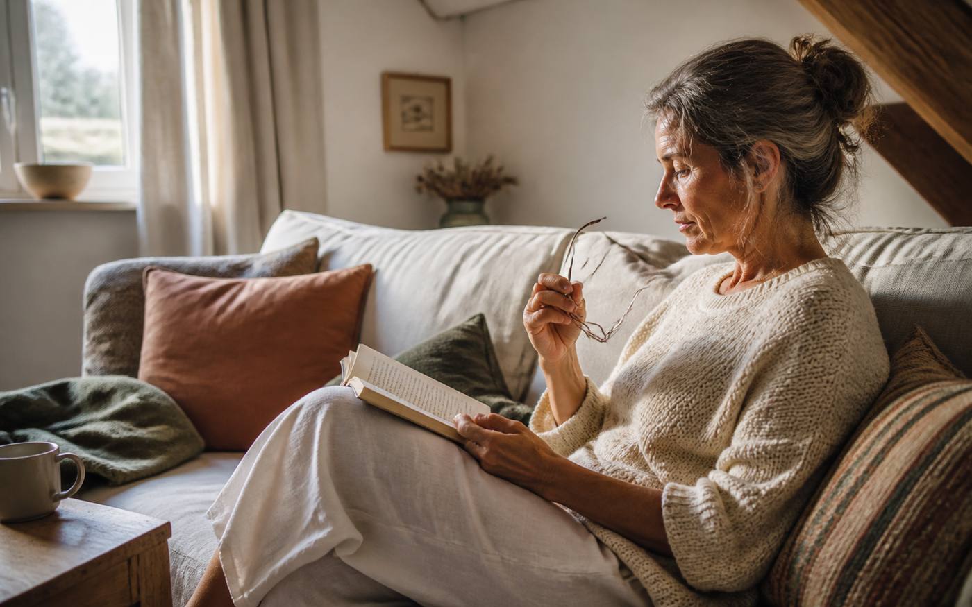 Mujer leyendo tranquilamente en el sofá
