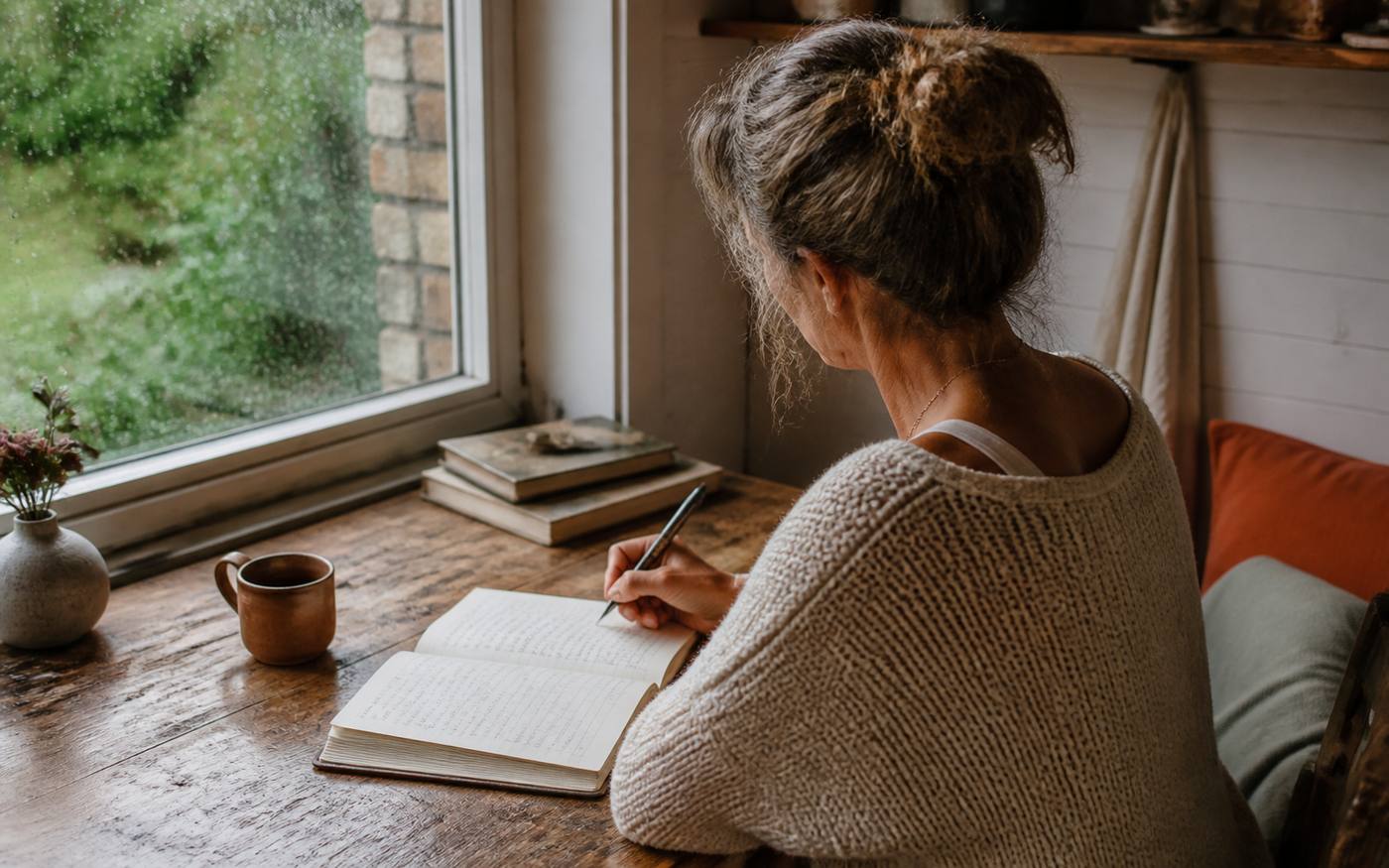 Mujer escribiendo junto a una ventana en un momento tranquilo
