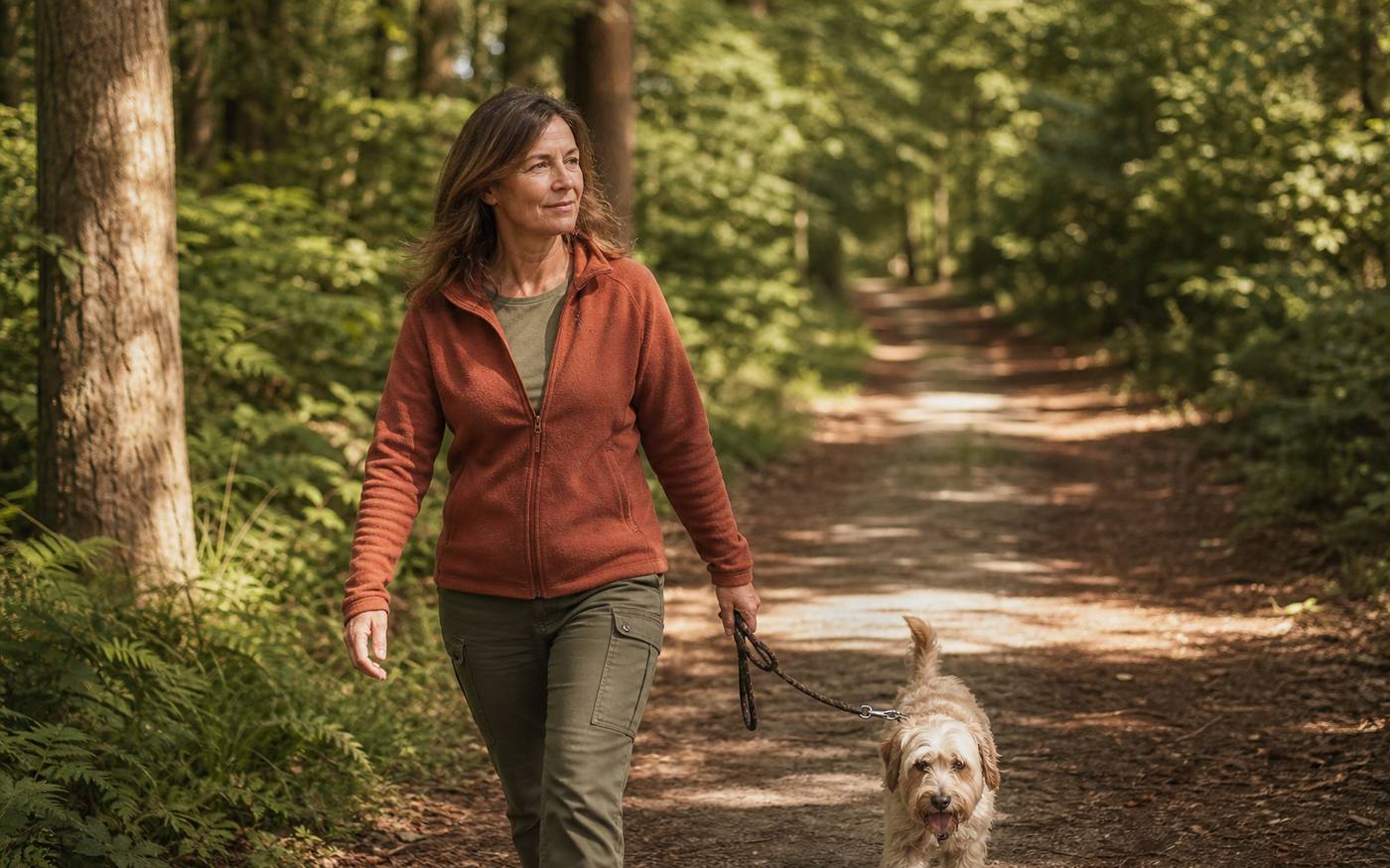 Mujer de unos cincuenta años paseando por un bosque con su perro