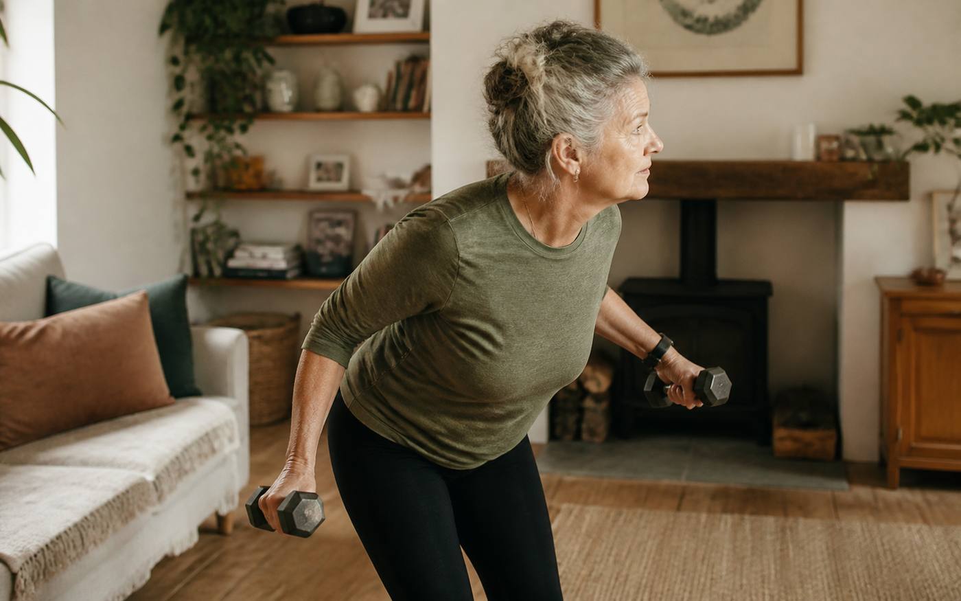 Mulher a fazer exercício de força em casa