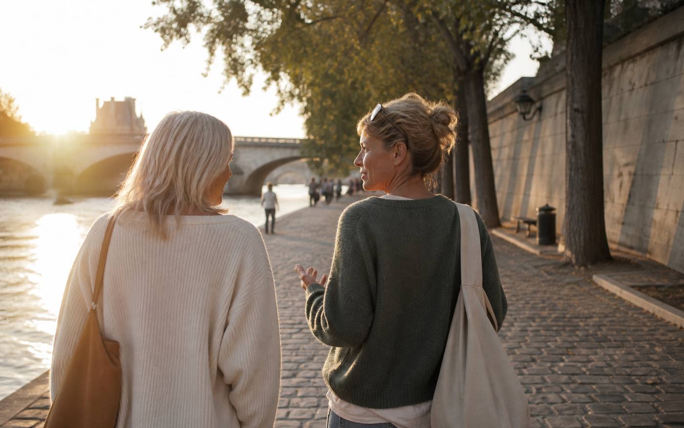 Duas amigas a caminhar e conversar junto ao rio
