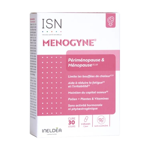 Envase de Menogyne, perimenopausia y menopausia, 60 cápsulas, Ineldea Santé Naturelle